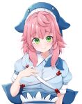  1girl \||/ breasts green_eyes hand_on_own_chest hand_up large_breasts long_hair looking_at_viewer okunoda_miyoi pink_hair puffy_short_sleeves puffy_sleeves rururiaru short_sleeves simple_background smile solo touhou upper_body whale_hat white_background wing_collar 