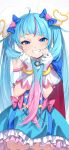  1girl absurdres blue_dress blue_eyes blue_hair commentary_request cure_sky dress eyelashes fingerless_gloves gloves gradient_hair grin hair_ornament happy highres hirogaru_sky!_precure holding holding_hair long_hair looking_at_viewer magical_girl mamadasky multicolored_hair pink_hair precure simple_background smile solo sora_harewataru streaked_hair thigh-highs thighs twintails very_long_hair white_background white_gloves 