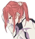  1boy blue_lock chigiri_hyoma ehqh9d hairband hands_up highres jacket long_hair long_sleeves looking_away male_focus mouth_hold red_eyes redhead simple_background sketch sleeves_past_wrists solo tying_hair upper_body white_background white_jacket 