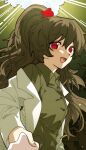  1girl bbunny bear_hair_ornament brown_hair buttons carmen_(project_moon) coat collared_shirt green_shirt hair_ornament high_ponytail lab_coat lobotomy_corporation long_hair open_mouth project_moon red_eyes shirt smile solo sunlight tarot tree upper_body very_long_hair white_coat wing_collar 