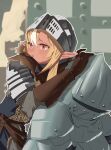  1girl armor belt blonde_hair blush breastplate brown_belt brown_gloves chosen_undead commentary_request cosplay dark_souls_(series) dark_souls_i elbow_gloves eyelashes full_armor gloves helm helmet highres hololive knight leaning_on_person long_hair looking_to_the_side multicolored_hair open_mouth pointy_ears shiranui_flare shoulder_armor siegmeyer_of_catarina solo streaked_hair upper_body uzuradobin virtual_youtuber white_hair 