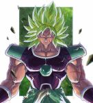  1boy absurdres blank_eyes border bracer broly_(dragon_ball_super) chinese_commentary clenched_teeth commentary cowboy_shot dragon_ball dragon_ball_super dragon_ball_super_broly fur_(clothing) green_background green_hair highres legendary_super_saiyan looking_at_viewer male_focus medium_hair muscular muscular_male open_mouth outside_border pectorals rubble saiyan_armor scar scar_on_arm scar_on_cheek scar_on_chest scar_on_face shank solo sparks spiky_hair super_saiyan teeth white_border 