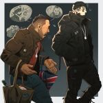  2boys artist_name black_hair black_jacket black_pants black_shirt blue_pants blush brown_jacket call_of_duty call_of_duty:_modern_warfare_2 captain_price chris_sdd facial_hair ghost_(modern_warfare_2) hands_in_pockets highres jacket jewelry looking_at_another male_focus mask mouth_mask multiple_boys open_clothes open_jacket open_mouth pants red_shirt ring shirt short_hair sidecut soap_(modern_warfare_2) 