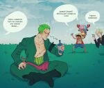  4boys absurdres antlers blonde_hair bottle cigarette closed_mouth green_hair hair_over_one_eye highres holding holding_bottle horns japanese_clothes just_noi katana monkey_d._luffy multiple_boys one_eye_closed one_piece reindeer_antlers roronoa_zoro russian_text sanji_(one_piece) scar scar_across_eye scar_on_chest short_hair sitting smile smoking speech_bubble sword tony_tony_chopper weapon 