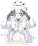  1girl black_gloves black_hairband blue_archive blush flower gloves grey_hair hair_flower hair_ornament hair_tubes hairband halo highres himari_(blue_archive) jacket long_hair long_sleeves looking_at_viewer open_mouth pointy_ears riya_(01214) simple_background solo violet_eyes white_background white_jacket 