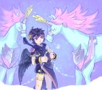  1boy angel angel_wings animal_ears black_wings dark_pit eating_clothes feathered_wings horns horse_ears kid_icarus kid_icarus_uprising looking_at_another male_focus motion_lines nopepe red_eyes single_horn sparkle standing sweat unicorn wings yellow_eyes 