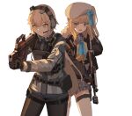  2girls absurdres aiming assault_rifle beret black_pantyhose blonde_hair blue_eyes blue_ribbon bullpup commentary counter-strike_(series) counter_strike:_global_offensive cowboy_shot english_commentary frown fur_collar gar32 gauze girls&#039;_frontline_2:_exilium girls_frontline gloves gun hair_between_eyes hat headset highres holding holding_gun holding_weapon long_sleeves looking_away magazine_(weapon) multiple_girls muzzle_brake neck_ribbon one_side_up open_mouth ots-14 ots-14_(girls&#039;_frontline) pantyhose parody plaid plaid_skirt plate_carrier ribbon rifle shirt short_hair shotgun side_ponytail skirt smoke_grenade standing striped striped_shirt tactical_clothes thigh_pouch vepley_(girls&#039;_frontline_2) vepr-12 vertical_foregrip vest weapon white_background white_headwear yellow_eyes yellow_vest 
