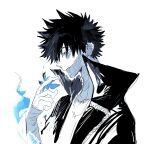 1boy black_coat black_hair blue_eyes blue_fire blue_footwear boku_no_hero_academia burn_scar closed_mouth coat dabi_(boku_no_hero_academia) eben1120 fire highres male_focus open_clothes open_coat scar simple_background solo stitches upper_body white_background 