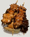  absurdres dated food food_focus grey_background highres meat no_humans original shadow signature simple_background skewer tainosuke yakitori 