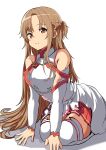  1girl all_fours armor asuna_(sao) asymmetrical_bangs braid breastplate brown_eyes brown_hair closed_mouth commentary detached_sleeves french_braid highres knights_of_blood_uniform_(sao) long_hair looking_at_viewer pleated_skirt red_skirt short_ponytail skirt smile solo suberaku sword_art_online thigh-highs very_long_hair white_armor white_background white_sleeves white_thighhighs 