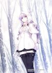  1girl black_gloves black_skirt boots braid buckle capelet coat collar copyright_name gloves highres holding holding_mask hood kirishima_satoshi leggings light_smile long_hair mask mask_removed official_art outdoors pleated_skirt pom_pom_(clothes) purple_hair skirt snowing solo thigh_boots tree violet_eyes wavy_hair white_leggings winter_clothes z/x 