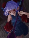  1girl bare_shoulders blue_dress blue_ribbon breasts curly_hair detached_sleeves dress from_above grey_hair highres holding holding_spoon horn_ornament horn_ribbon horns medium_hair petroleum pointy_ears red_eyes ribbon ripples rogichange small_breasts solo spoon touhou toutetsu_yuuma tsurime v-shaped_eyebrows 