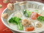  absurdres bowl broccoli cream dated gradient_background highres no_humans original red_background scallop signature steam stew surreal tainosuke 