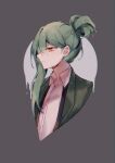  1boy closed_mouth collared_shirt commentary eyebrow_cut green_hair green_jacket hair_bun highres irotori_owari jacket library_of_ruina male_focus netzach_(project_moon) open_clothes open_jacket profile project_moon shirt single_hair_bun single_sidelock solo symbol-only_commentary white_shirt yellow_eyes 