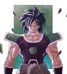  1boy absurdres black_hair border bracer broly_(dragon_ball_super) chinese_commentary closed_mouth collar commentary cowboy_shot dragon_ball dragon_ball_super dragon_ball_super_broly fur_(clothing) green_background green_eyes highres looking_at_viewer male_focus medium_hair muscular muscular_male outside_border pectorals rubble saiyan_armor scar scar_on_arm scar_on_cheek scar_on_chest scar_on_face shank solo sparks spiky_hair white_border white_collar 