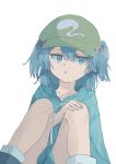  1girl absurdres blue_eyes blue_hair commentary_request flat_cap green_headwear hair_bobbles hair_ornament hat highres kawashiro_nitori knees_up long_sleeves looking_at_viewer open_mouth short_hair simple_background sitting solo touhou two_side_up white_background xp543387 
