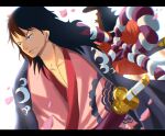  2boys back black_hair closed_eyes closed_mouth family father_and_son highres holding holding_sword holding_weapon japanese_clothes katana kouzuki_oden long_hair momonosuke_(one_piece) multiple_boys one_piece petals suzu_(suzuran_piece) sword weapon 