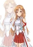  1girl absurdres asuna_(sao) asymmetrical_bangs braid brown_hair collared_shirt detached_sleeves deviantart_username emarex96 english_commentary french_braid hand_up highres knights_of_blood_uniform_(sao) long_hair looking_at_viewer pleated_skirt projected_inset rapier red_skirt sheath sheathed shirt short_ponytail skirt sleeveless sleeveless_shirt smile sword sword_art_online weapon white_shirt white_sleeves 