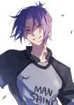  1boy blue_lock collared_shirt doran_(doran7280) grey_shirt grin highres looking_at_viewer male_focus mikage_reo purple_hair shirt short_hair simple_background smile soccer_uniform solo sportswear teeth upper_body violet_eyes white_background 