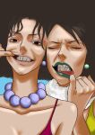  2girls absurdres afro bead_necklace beads black_eyes black_hair closed_eyes earrings family highres jewelry kiwi_(one_piece) lipstick looking_at_viewer makeup mos_(one_piece) multiple_girls navel necklace nyankoromochi one_piece pearl_necklace siblings sisters 