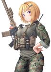  1girl absurdres assault_rifle blonde_hair breasts camouflage camouflage_pants chest_rig commission ellen_aice grey_shirt gun highres holding holding_gun holding_weapon m4_carbine military military_uniform muvluv pants rifle shirt skeb_commission smile solo uniform violet_eyes waruzamurai weapon white_background woodland_camouflage 