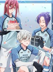  3boys ^_^ birthday_cake black_eyes black_gloves blue_lock blue_shirt box cake chigiri_hyoma closed_eyes closed_mouth confetti cowboy_shot food gift gift_box gloves highres holding holding_gift holding_plate knees_up long_hair looking_at_another male_focus mikage_reo multiple_boys nagi_seishirou open_mouth plate purple_hair red_eyes redhead shirt short_hair short_ponytail short_sleeves shorts sitting smile soccer_uniform sportswear standing white_hair white_shorts yuzukarin728 