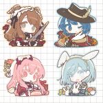  4girls animal_ears aqua_eyes aqua_hair blue_eyes blue_hair brown_hair brown_headwear cape checkered_background cup dress flower futari_tsukiusagi_(project_sekai) goat_ears goat_horns grey_eyes hairband hanasato_minori hat himitsu_no_valentine_daisakusen!_(project_sekai) hinomori_shizuku horns kiritani_haruka lolita_hairband long_hair mole mole_under_mouth momoi_airi more_more_jump!_(project_sekai) multiple_girls one_eye_closed open_mouth pink_eyes pink_hair project_sekai puffy_short_sleeves puffy_sleeves rabbit_ears red_cape red_dress red_flower short_sleeves spoon teacup yeong-il zekkyou!?_ookami_no_mori_e_youkoso!_(project_sekai) 