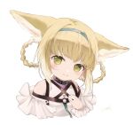  1girl animal_ears arknights artist_name bare_shoulders black_collar blonde_hair blue_hairband blush braid clothing_cutout collar commentary_request cropped_shoulders dress fox_ears fox_girl green_eyes hairband hand_up highres infection_monitor_(arknights) looking_at_viewer oripathy_lesion_(arknights) ramel shoulder_cutout simple_background smile solo suzuran_(arknights) twin_braids white_background white_dress 