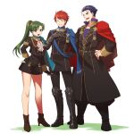  1girl 2boys alternate_costume aqua_cape armored_boots black_footwear black_gloves black_pants blue_cape blue_eyes blue_hair boots brown_footwear cape closed_eyes commentary_request eliwood_(fire_emblem) fingerless_gloves fire_emblem fire_emblem:_the_blazing_blade fire_emblem:_three_houses garreg_mach_monastery_uniform gauntlets gloves green_eyes green_hair grin hair_tie hector_(fire_emblem) high_heels highres kori_kms long_hair long_sleeves lyn_(fire_emblem) multicolored_hair multiple_boys open_mouth pants ponytail red_cape redhead short_hair smile uniform white_background 