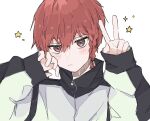  1boy blue_lock braid ehqh9d hands_up highres jacket kurona_ranze long_sleeves looking_at_viewer male_focus red_eyes redhead short_hair simple_background single_braid sleeves_past_wrists solo v white_background white_jacket 