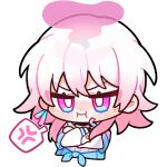  1girl angry annoyed black_choker black_gloves chibi choker closed_mouth crossed_arms english_commentary gloves honkai:_star_rail honkai_(series) march_7th_(honkai:_star_rail) medium_hair official_art single_glove solo transparent_background upper_body v-shaped_eyebrows 