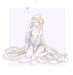  1girl absurdly_long_hair absurdres ahoge bare_shoulders between_legs blonde_hair blush breasts bridal_gauntlets bridal_legwear dress full_body grey_robe hair_ribbon hand_between_legs highres long_hair looking_at_viewer msa_(fary_white) off_shoulder one_eye_closed open_clothes open_robe original ribbon robe short_dress simple_background sitting sleeveless sleeveless_dress slit_pupils small_breasts solo thigh-highs very_long_hair violet_eyes wariza white_background white_dress white_thighhighs 