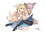  2girls absurdres adjusting_another&#039;s_hair ahoge animal_ear_fluff animal_ears arknights black_choker black_pantyhose blonde_hair blue_eyes chinese_commentary choker commentary_request dated fox_ears fox_girl fox_tail green_eyes grey_hair hair_between_eyes hairband highres kitsune kyuubi long_hair long_sleeves looking_at_another multiple_girls multiple_tails official_alternate_costume pantyhose seiza short_hair short_hair_with_long_locks sidelocks simple_background sitting sitting_on_person sleeveless sussurro_(arknights) suzuran_(arknights) suzuran_(spring_praise)_(arknights) tail whitemaus 