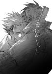  2boys collared_shirt crying glasses greyscale gun hand_up holding holding_gun holding_weapon hug jacket long_sleeves looking_at_viewer male_focus monochrome multiple_boys nicholas_d._wolfwood revolver round_eyewear saeldam shirt short_hair simple_background spiky_hair tears trigun vash_the_stampede weapon 