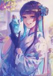  1girl bellflower black_gloves black_hair blue_flower blue_hair blue_kimono blunt_bangs blunt_ends blurry blurry_background bottle chinese_bellflower colored_inner_hair earrings floral_print flower flower_earrings fujikawa_ua gloves hair_bun hair_flower hair_ornament herbarium highres holding holding_bottle japanese_clothes jewelry kimono lens_flare light_particles long_hair looking_at_viewer mole mole_under_mouth multicolored_clothes multicolored_hair multicolored_kimono obi original parted_lips purple_flower sash short_bangs single_side_bun smile solo upper_body violet_eyes white_kimono 