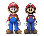  2boys blue_eyes blue_overalls boots brown_footwear brown_hair clenched_hands dual_persona facial_hair gloves highres looking_at_viewer mario mario_&amp;_luigi_rpg masanori_sato_(style) multiple_boys mustache overalls red_headwear red_shirt shirt short_hair simple_background standing super_mario_bros. white_background white_gloves ya_mari_6363 