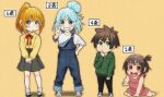  1boy 3girls :o aged_down aqua_(konosuba) black_footwear black_pants blonde_hair blue_eyes blue_hair blush border bow bowtie brown_background brown_eyes brown_hair child contemporary darkness_(konosuba) dress female_child green_eyes green_hoodie hair_bun hand_on_own_hip highres hood hoodie izawa_(bhive003) kono_subarashii_sekai_ni_shukufuku_wo! male_child megumin multiple_girls open_mouth overalls pants ponytail red_bow red_dress red_eyes satou_kazuma shirt shirt_tucked_in shoes short_hair single_hair_bun sneakers socks v white_border white_shirt 