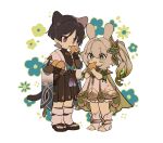  1boy 1girl animal_ears black_hair cat_boy cat_ears cat_tail chibi dress eating food genshin_impact green_eyes green_hair grey_hair hair_between_eyes hair_ornament highres holding holding_food iwashi_(iwashi008) japanese_clothes multicolored_hair nahida_(genshin_impact) open_mouth ponytail rabbit_ears rabbit_girl scaramouche_(genshin_impact) side_ponytail standing star_(symbol) tail tassel violet_eyes wanderer_(genshin_impact) wide_sleeves 