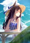  1girl absurdres animal_ears bare_shoulders blue_dress blurry blurry_foreground breasts brown_hair closed_mouth clouds criss-cross_halter day dress ears_through_headwear halterneck hat highres horse_ears long_hair looking_to_the_side mejiro_dober_(umamusume) mejiro_dober_(vacation_safir)_(umamusume) outdoors railing sleeveless sleeveless_dress small_breasts smile solo standing sun_hat umamusume unfinished yu_hydra 