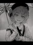  1girl absurdres blurry blurry_background collared_shirt crazy_smile empty_eyes fangs flower greyscale hair_flower hair_ornament hair_ribbon half-closed_eyes hatoba_tsugu head_tilt highres holding holding_umbrella letterboxed long_sleeves looking_at_viewer mole mole_under_eye monochrome neck_ribbon ouka_(yama) rain ribbon shirt short_hair single_hair_ring skin_fangs solo suspenders suspenders_slip transparent transparent_umbrella tsugu_(vtuber) umbrella upper_body virtual_youtuber 