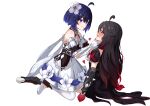 2girls :d absurdres ahoge bare_shoulders black_dress blush bob_cut boots bu_weizhuang dress flower full_body gloves grin hair_flower hair_ornament hand_on_another&#039;s_chin heart highres honkai_(series) honkai_impact_3rd long_hair multiple_girls open_mouth red_gloves seele_(alter_ego) seele_vollerei seele_vollerei_(starchasm_nyx) seele_vollerei_(stygian_nymph) selfcest simple_background smile teeth thigh-highs thigh_boots white_background white_dress white_flower white_gloves white_thighhighs yuri 