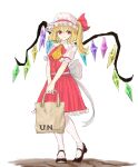  1girl absurdres ascot bag breasts crystal eyebrows_hidden_by_hair flandre_scarlet frilled_shirt_collar frills full_body hair_between_eyes hat highres holding holding_bag kashiwada_kiiho long_hair looking_to_the_side medium_hair mob_cap one_side_up pantyhose red_eyes red_skirt red_vest simple_background skirt skirt_set small_breasts solo standing touhou v_arms vest white_background white_pantyhose wings yellow_ascot 