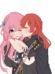  2girls blue_eyes blush bocchi_the_rock! closed_eyes commentary_request cube_hair_ornament gotou_hitori guitar hair_ornament highres hiiragi_iwashi_(artist) holding holding_instrument instrument kiss kissing_cheek kita_ikuyo long_hair medium_hair multiple_girls one_eye_closed parted_lips pink_hair redhead yuri 