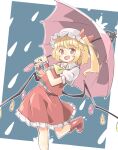  1girl :d arnest blonde_hair boots bow crystal fang flandre_scarlet flat_chest foot_out_of_frame happy hat hat_bow holding holding_umbrella low_wings mob_cap one_side_up open_mouth outline petite rain red_bow red_eyes red_skirt red_vest rubber_boots short_hair simple_background skin_fang skirt skirt_set smile solo standing standing_on_one_leg touhou umbrella vest white_outline wings 