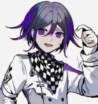  1boy :d black_hair buttons checkered_clothes checkered_scarf danganronpa_(series) danganronpa_v3:_killing_harmony double-breasted flipped_hair hair_between_eyes hand_up highres huyuharu0214 jacket long_sleeves male_focus multicolored_hair oma_kokichi open_mouth purple_hair scarf short_hair simple_background smile solo two-tone_hair violet_eyes white_background white_jacket 
