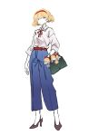  1girl alice_margatroid alternate_costume bag belt belt_buckle blonde_hair blue_eyes blue_pants buckle closed_mouth collared_shirt doll full_body hairband handbag highres long_sleeves looking_at_viewer medium_hair pants red_belt red_hairband shirt simple_background solo standing touhou white_background white_shirt zenritsu 