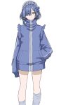  1girl alternate_costume asymmetrical_bangs asymmetrical_legwear asymmetrical_sidelocks blue_hair blue_jacket bocchi_the_rock! collared_jacket expressionless feet_out_of_frame frills hair_ornament hair_over_one_eye hairclip hand_in_pocket head_tilt highres jacket kushinaka looking_at_viewer maid_headdress short_hair simple_background sleeves_past_fingers sleeves_past_wrists socks solo striped_sleeves track_jacket uneven_legwear white_background yamada_ryou yellow_eyes zipper zipper_pull_tab 