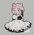  1girl alternate_costume amy_rose animal_ears animal_nose apron artist_name back_bow black_bow black_dress blue_eyes bow buttons checkered_background clamchips collared_dress dress eyelashes frills furry furry_female gloves grey_background hands_up hedgehog hedgehog_ears long_sleeves looking_at_viewer maid maid_headdress open_mouth own_hands_together pink_fur puffy_long_sleeves puffy_sleeves simple_background smile solo sonic_(series) tongue watermark white_apron white_bow white_gloves 