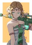  1girl armlet automatic_giraffe bare_shoulders choker dress earrings green_eyes gun highres jewelry over_shoulder pointy_ears princess_zelda rifle simple_background sleeveless solo the_legend_of_zelda the_legend_of_zelda:_tears_of_the_kingdom upper_body weapon weapon_over_shoulder white_dress 