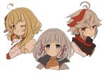  1boy 2girls absurdres ahoge alternate_hair_length alternate_hairstyle antenna_hair blonde_hair blue_eyes blunt_bangs blush choker closed_mouth cropped_shoulders crossed_bangs genshin_impact grey_hair highres iwashi_(iwashi008) japanese_clothes kaedehara_kazuha kamisato_ayaka mole mole_under_eye multicolored_hair multiple_girls one_eye_closed orange_eyes red_eyes redhead sarashi short_hair simple_background streaked_hair tassel white_background yoimiya_(genshin_impact) 